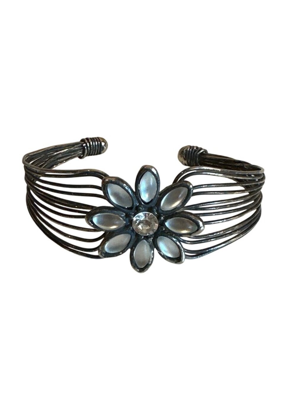 Vintage Silver-Tone Wire Cuff Bracelet Floral Center & Crystal Accent Elegant